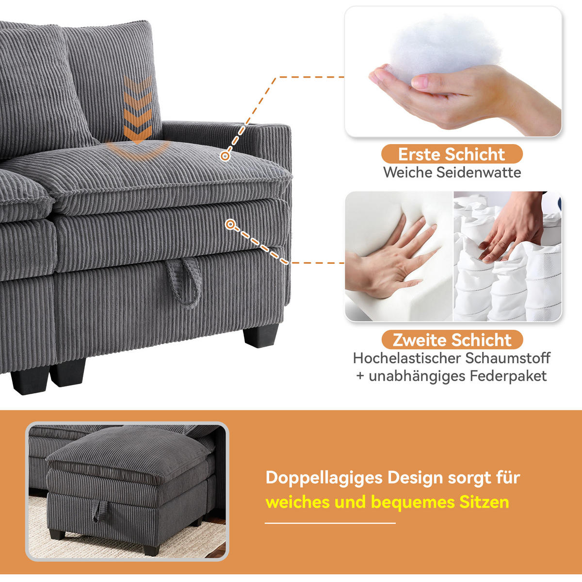 MODULÁRNÍ rohová pohovka 280/151/82 cm s USB, úložným prostorem a 2 taburety, manšestr, Šedá - šedá, textil/plast (82/280/151cm) - Redom