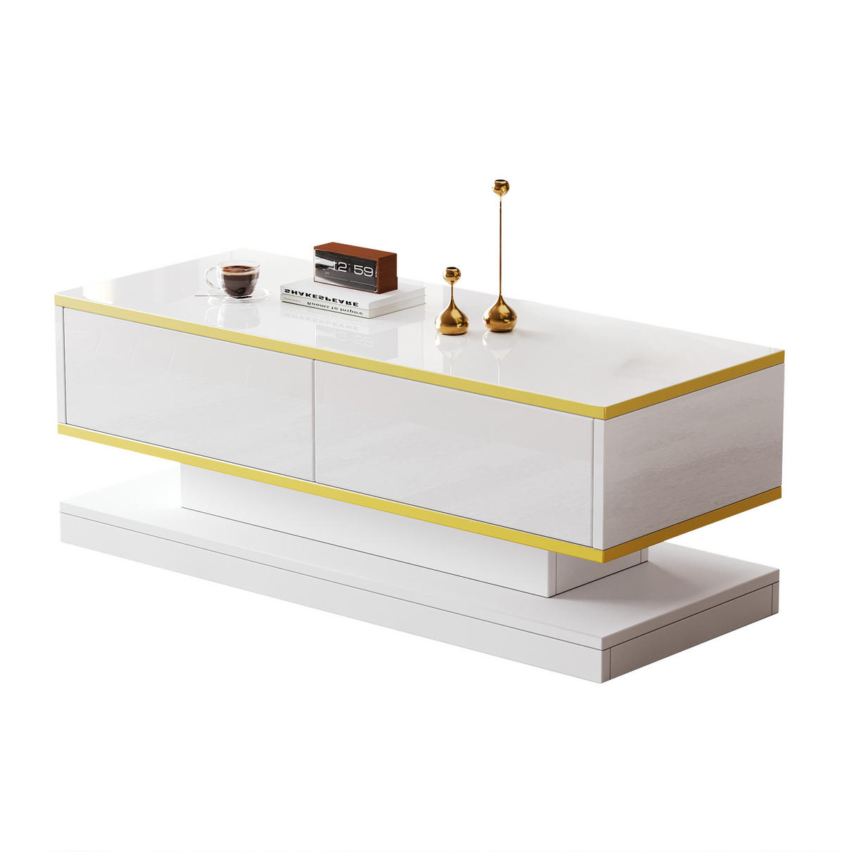 COUCHTISCH 100/50/38 cm mit 2 Schubladen, Hochglanzoberfläche aus Spanplatte und einzigartiger Form, Warmweiß/Gold - Weiß, Holzwerkstoff (100/50/38cm) - Redom