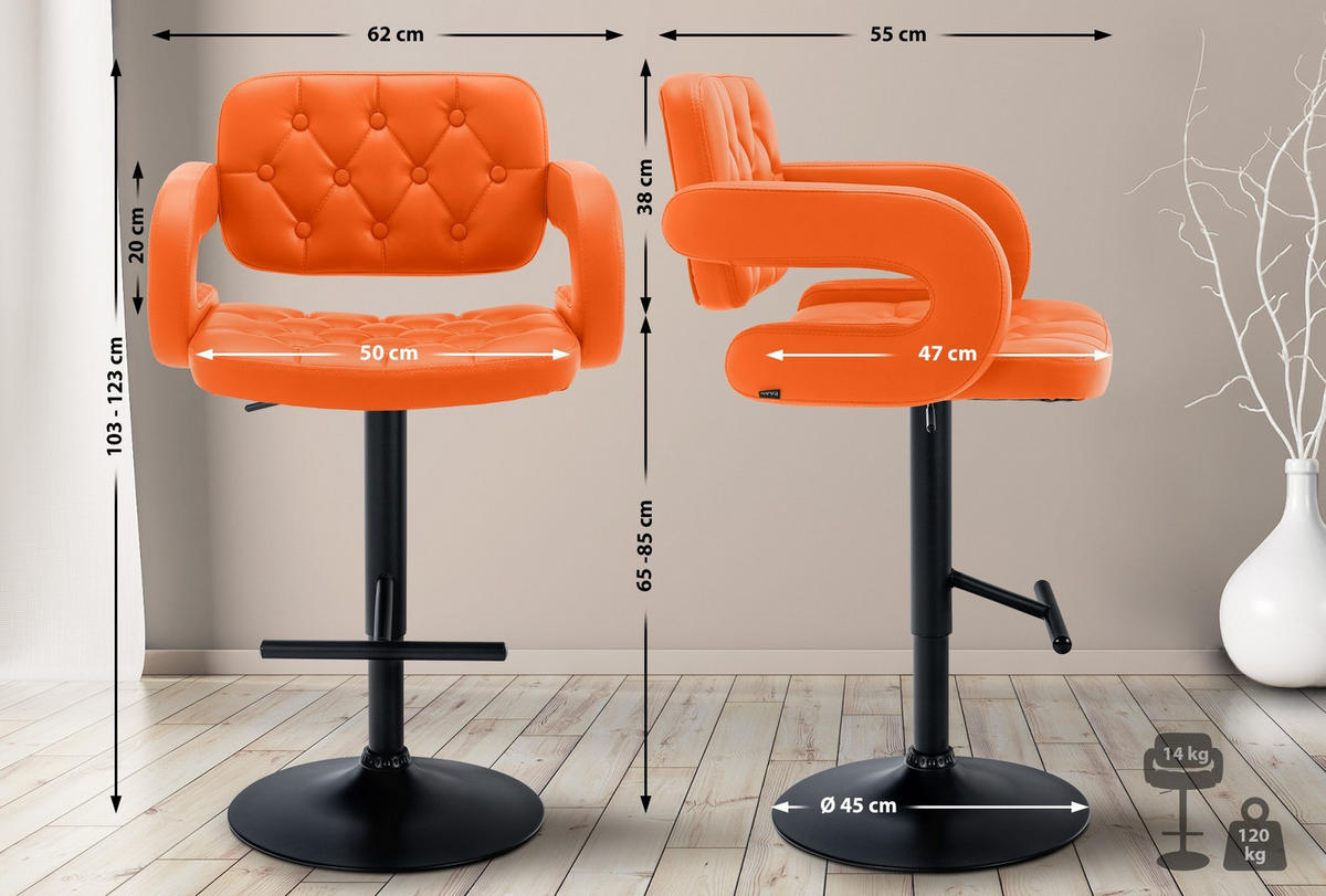BARHOCKER Dublin 65-85 cm schwarz orange - Orange, Leder (62/103/55cm) - furnicato
