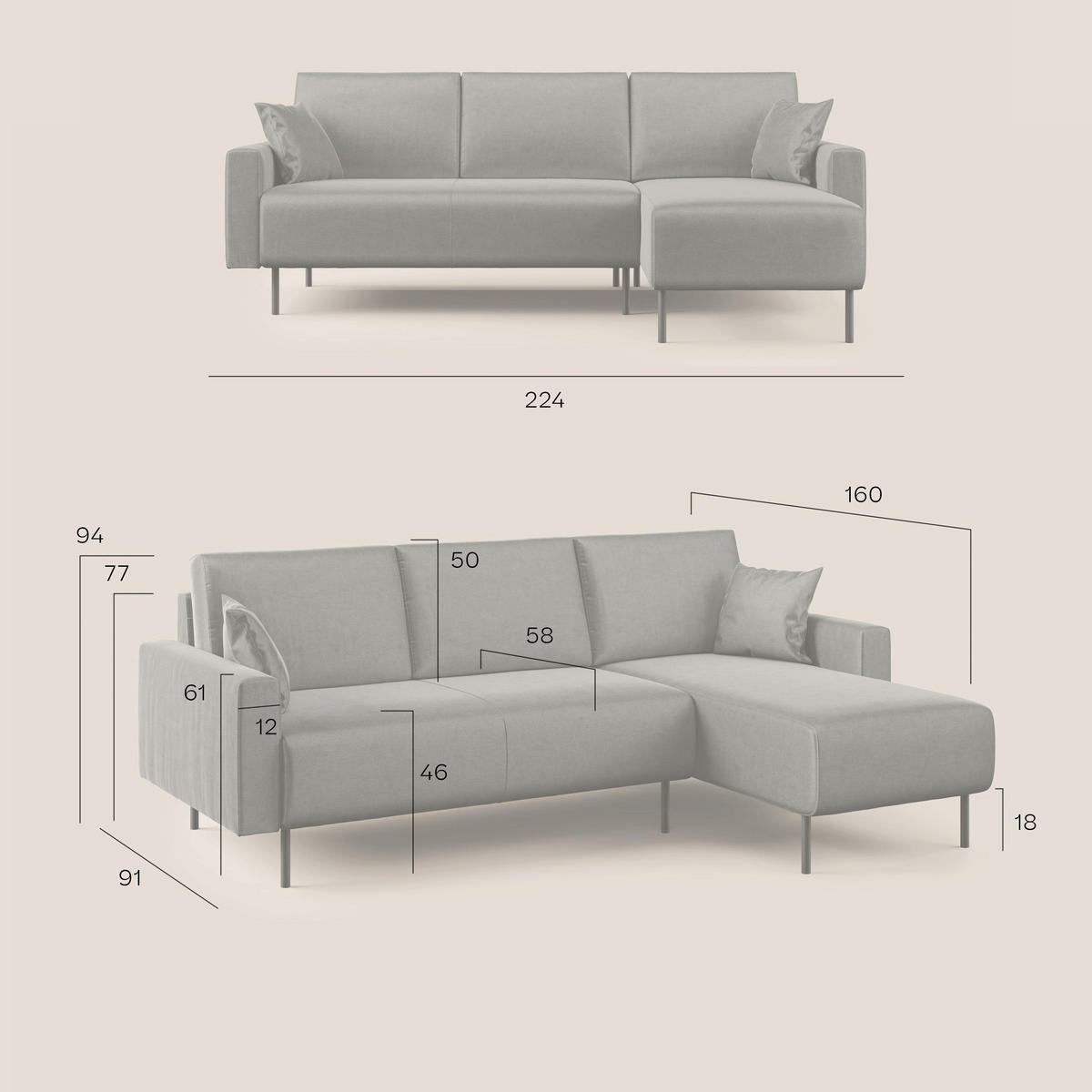 ECKSOFA Arthur - Petrol, Textil (224/91cm) - Divani.store