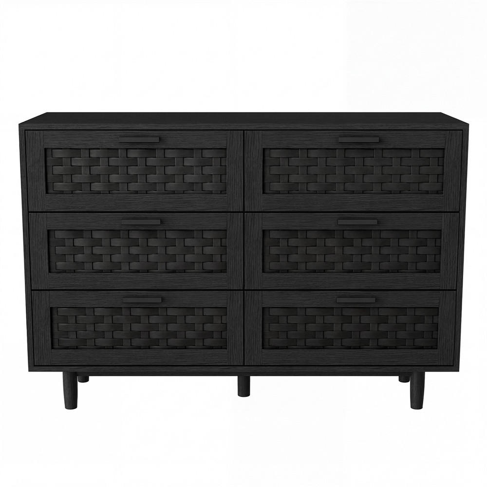 KOMMODE mit 6 Schubladen - elegante Geflecht-Optik und runde Holzbeine - Schwarz - Schwarz, Holzwerkstoff (115/80/40cm) - DELFA