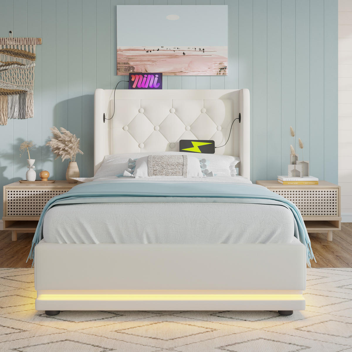 POLSTERBETT 90/200 cm Weiß PU mit hydraulischem Stauraum und LED-Beleuchtung Mit Matratze - Weiß, Kunststoff (90/200cm) - OKWISH