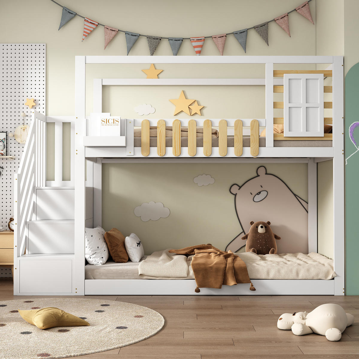 ETAGENBETT aus Kiefernholz und MDF 90x200 cm Weiß/Natur mit Treppe, Stauraumfächern, Fenster und Fallschutz - Weiß, Holzwerkstoff (90/200cm) - Modfu