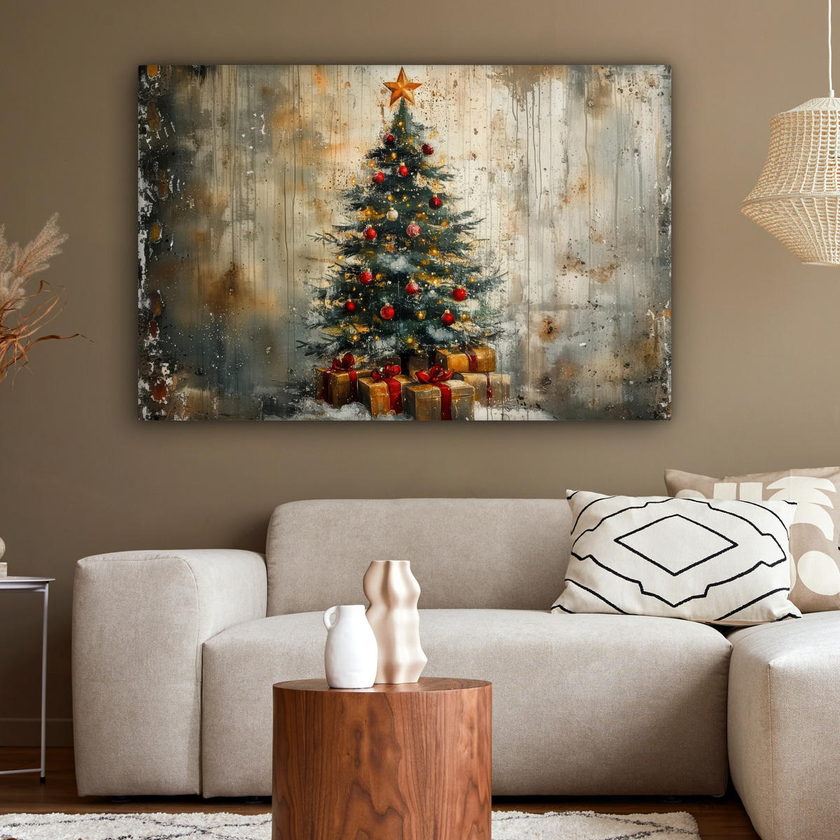 LEINWANDBILD Weihnachtsbaum - Vintage - Weihnachten - Geschenk Wohnzimmer 120x80 cm - Rostfarben, Textil (120/80cm) - MuchoWow