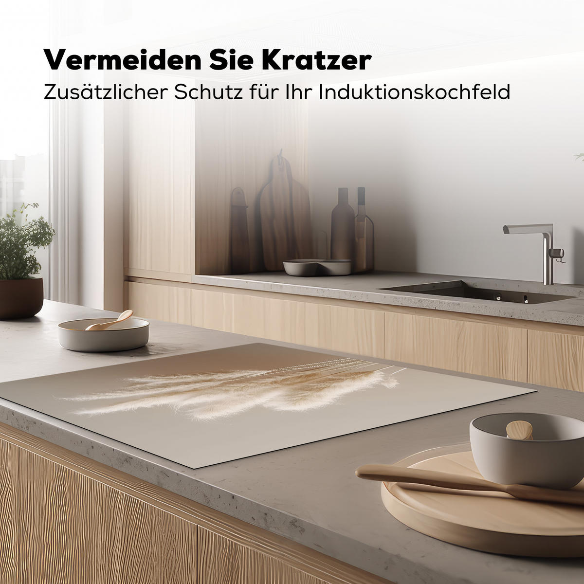 HERDABDECKPLATTE Pampasgras - Federn - Pastell - Weiß 78x78 cm - Creme, Kunststoff (78/0.2/78cm) - MuchoWow