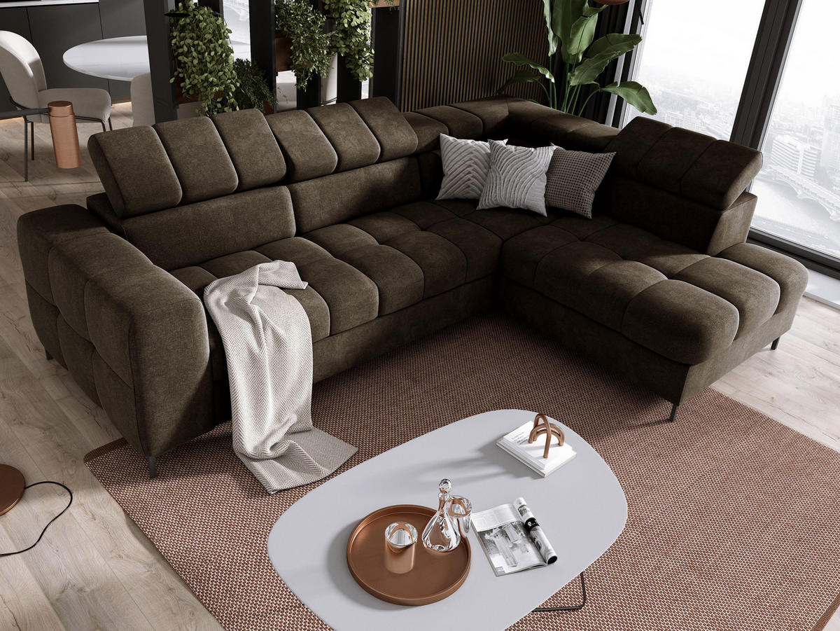 ECKSOFA PABLO VOGUE L-förmig mit Bett Bettkasten verstellbare Kopfstützen weicher Metallfüße freistehend LINKS 201x270x97 cm Brown - Braun, Holz/Textil (201/270cm) - DomoHome