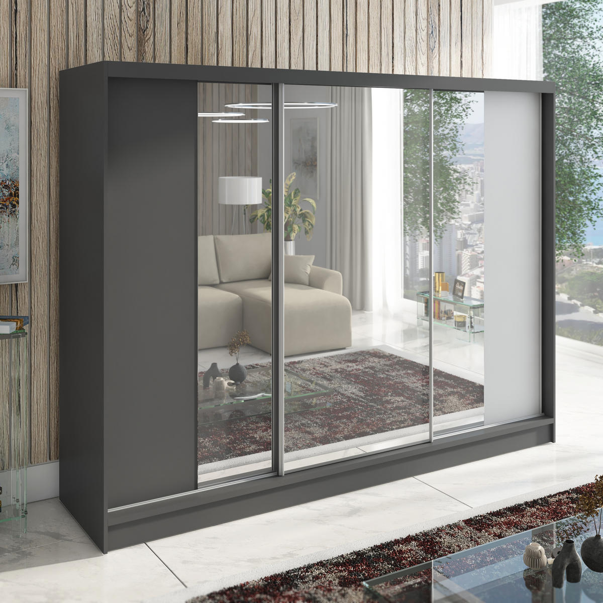 SCHWEBETÜRENSCHRANK 200 CM VIDA Farbe: Graphit, Graphit, Weiß - Graphitfarben/Weiß, Holzwerkstoff (200/215/60cm) - A&J MöbelLand