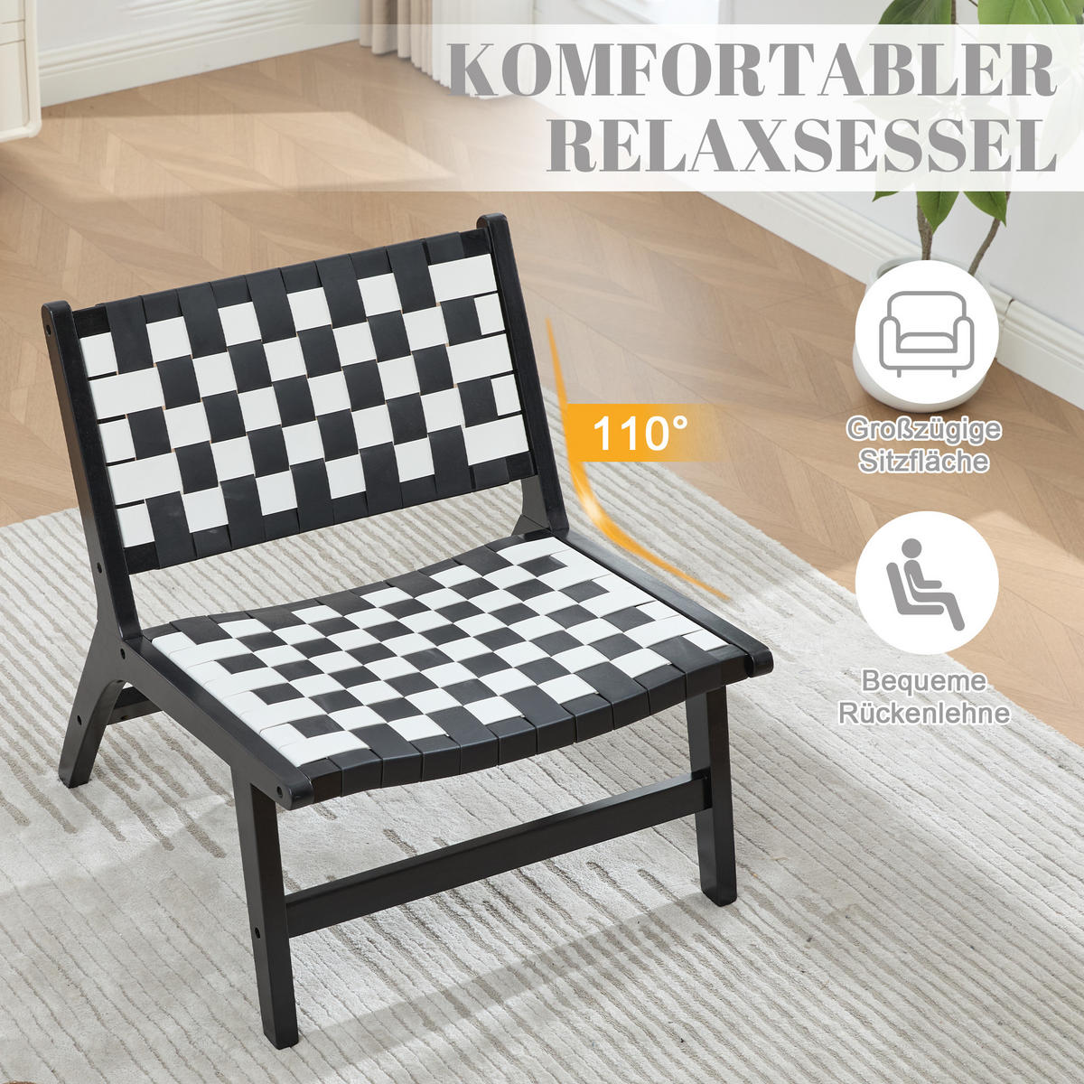 RELAXSESSEL mit Holzgestell, Kunstleder Flechtwerk, Breite Sitzfläche, Schwarz - Schwarz/Weiß, Holz (66/72/71cm) - LVHOM