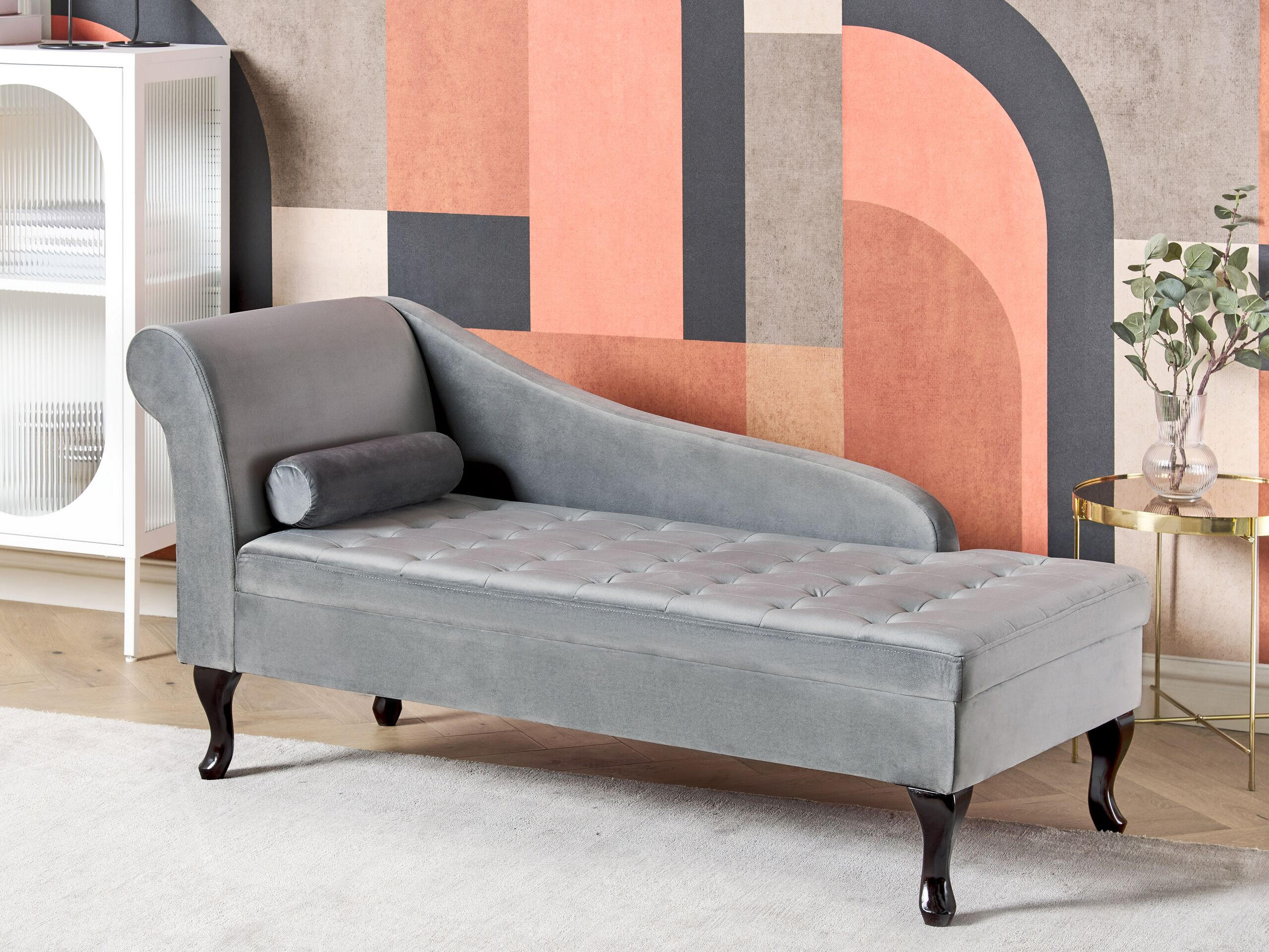 CHAISELONGUE Samtstoff hellgrau mit Bettkasten linksseitig Pessac - Schwarz/Grau, Textil (145/71/62cm) - Beliani