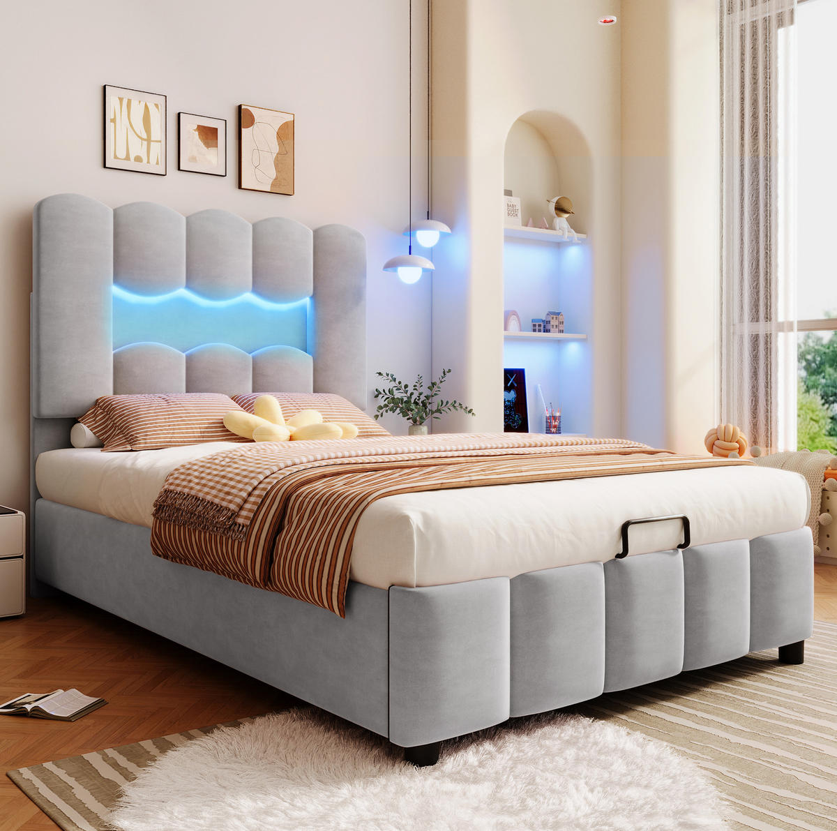 POLSTERBETT aus Samt und MDF 90x200 cm Grau mit LED-Beleuchtung, Bettkasten und verstellbarem Kopfteil - Grau, Textil (90/200cm) - IVMEU