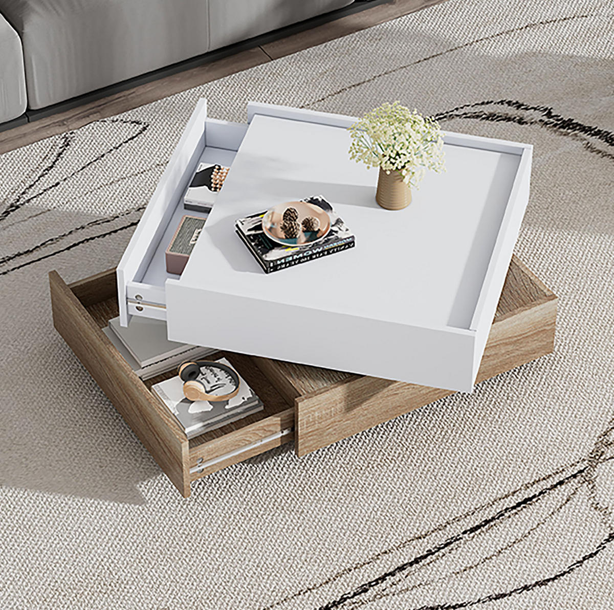 KONFERENČNÍ stolek 60/60/38 cm bílá a přírodní ořech z dřevotřísky s otočnou deskou a úložným prostorem - bílá/hnědá, kompozitní dřevo (60/60/38cm) - OKWISH