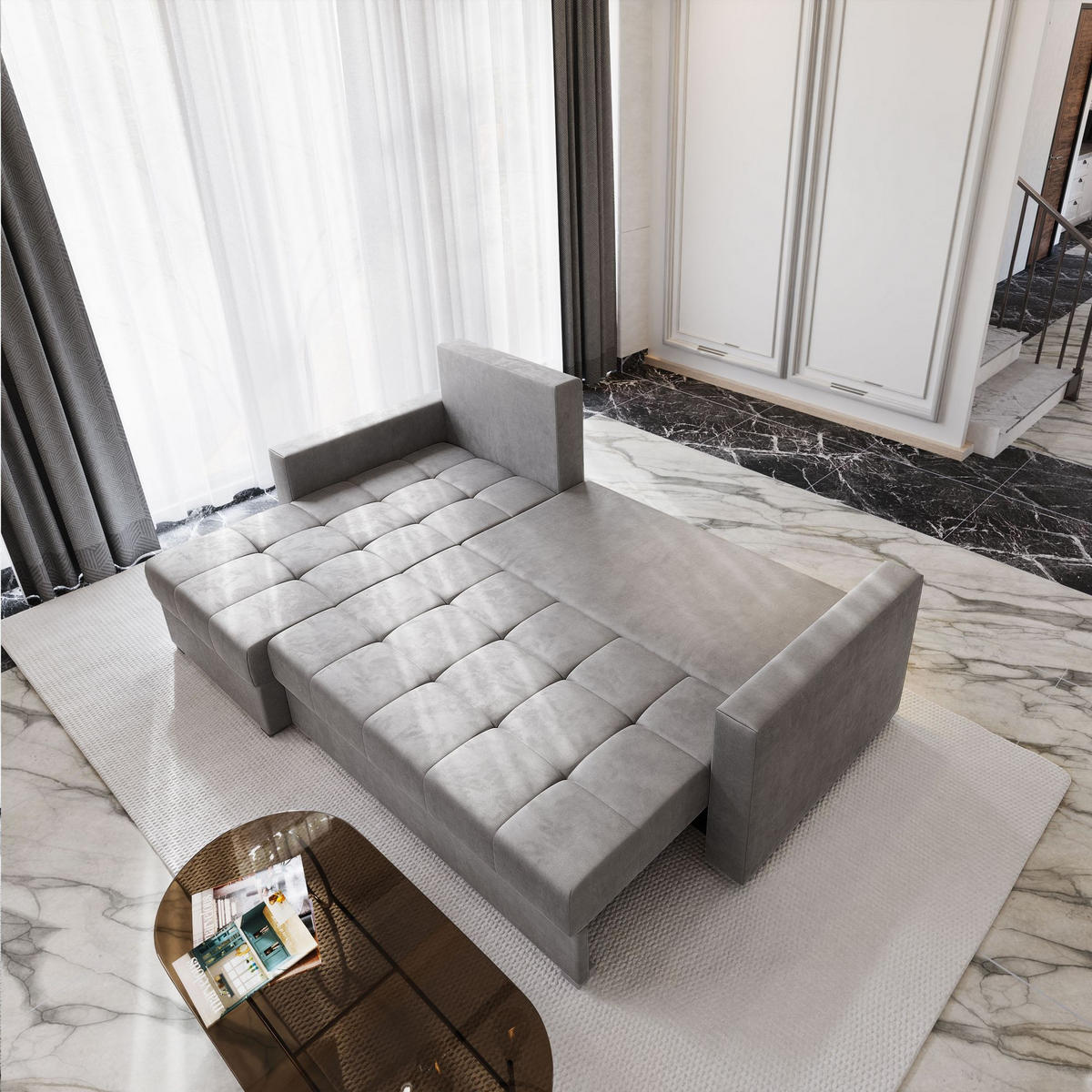 ECKSOFA KOS PIK M Grau Velours-Stoff mit Schlaffunktion - Grau, Holz (220/140cm) - MASSENO