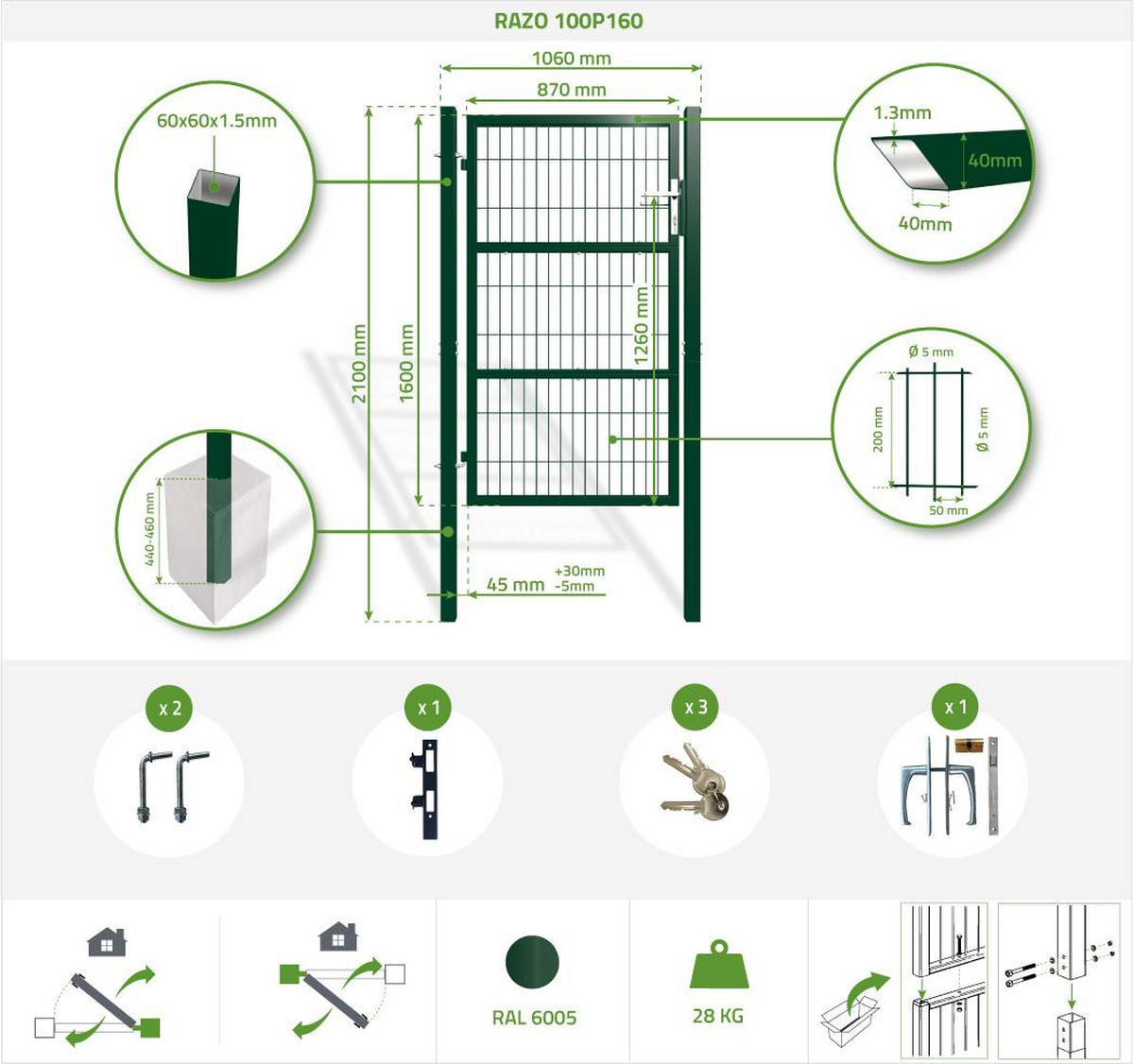 ZAUNTOR Razo grün 1m H.160cm Metall - Grün, Metall (106/166cm) - Casanoov