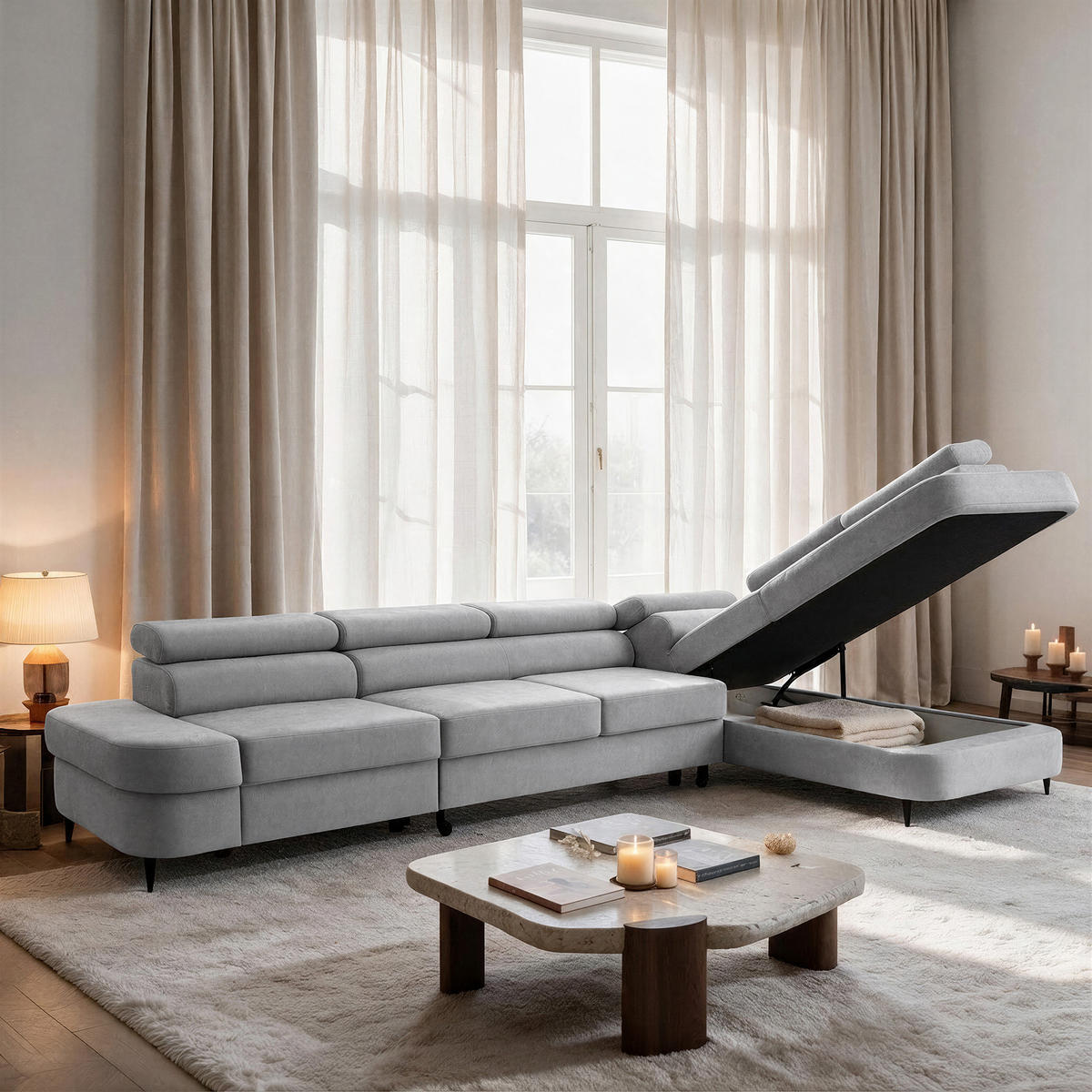 ECKSOFA PRIAM MAXI L-Form Rechts mit Schlaffunktion 125x195 Velours Hellgrau - Hellgrau/Schwarz, Holz/Textil (350/203cm) - Muffo
