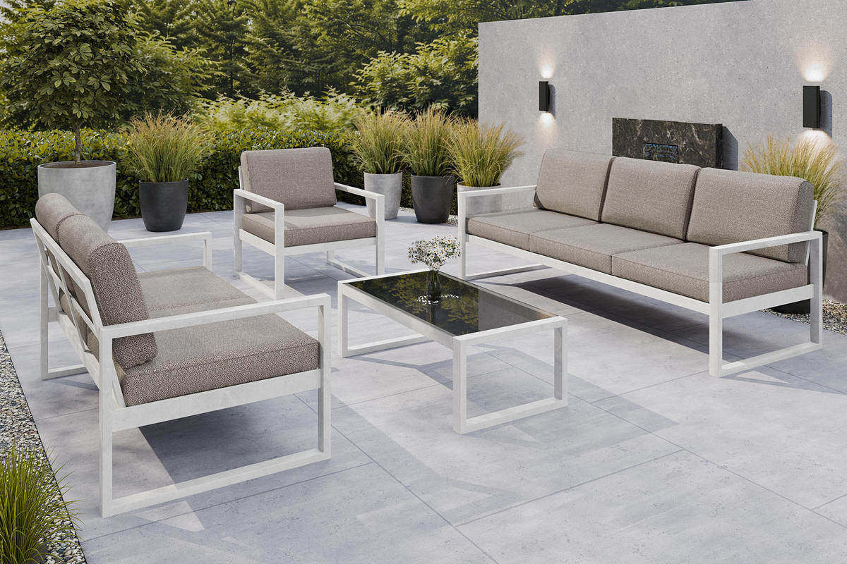 GARTENSET Madera für 6 Personen Balkonmöbel Aluminium Terassenmöbel Sitzbank, 4-tlg. Tisch, weiß, graubeige - Beige/Weiß, Kunststoff/Metall - Margaret Hadas24