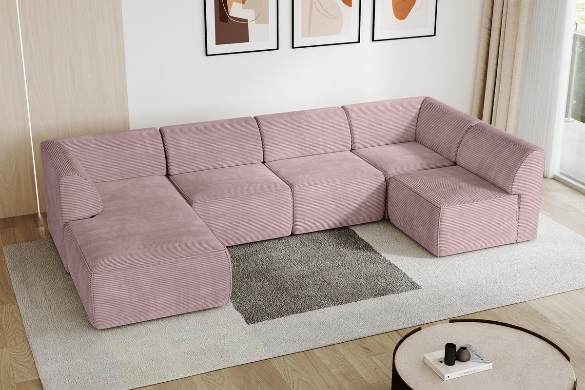 WOHNLANDSCHAFT Ottomane Links MOVA 345x180x78 Rosa Cord - Schwarz/Rosa, Holzwerkstoff/Kunststoff (180/78/345cm) - ALTDECOR