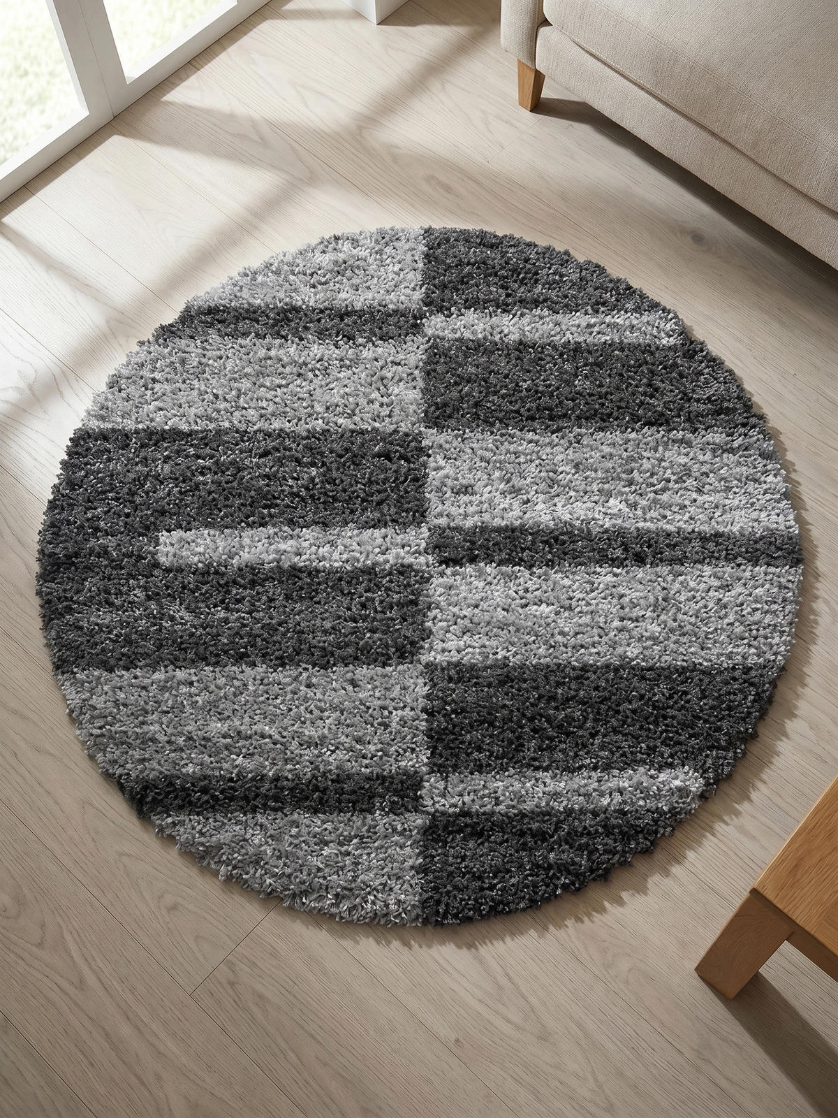 HOCHFLORTEPPICH Shaggy Kariert Kuschelig Waschbar Wohnzimmer Rund Grau 80x80 cm – WERFEN - Grau, Textil (80/80cm) - KADIMA DESIGN