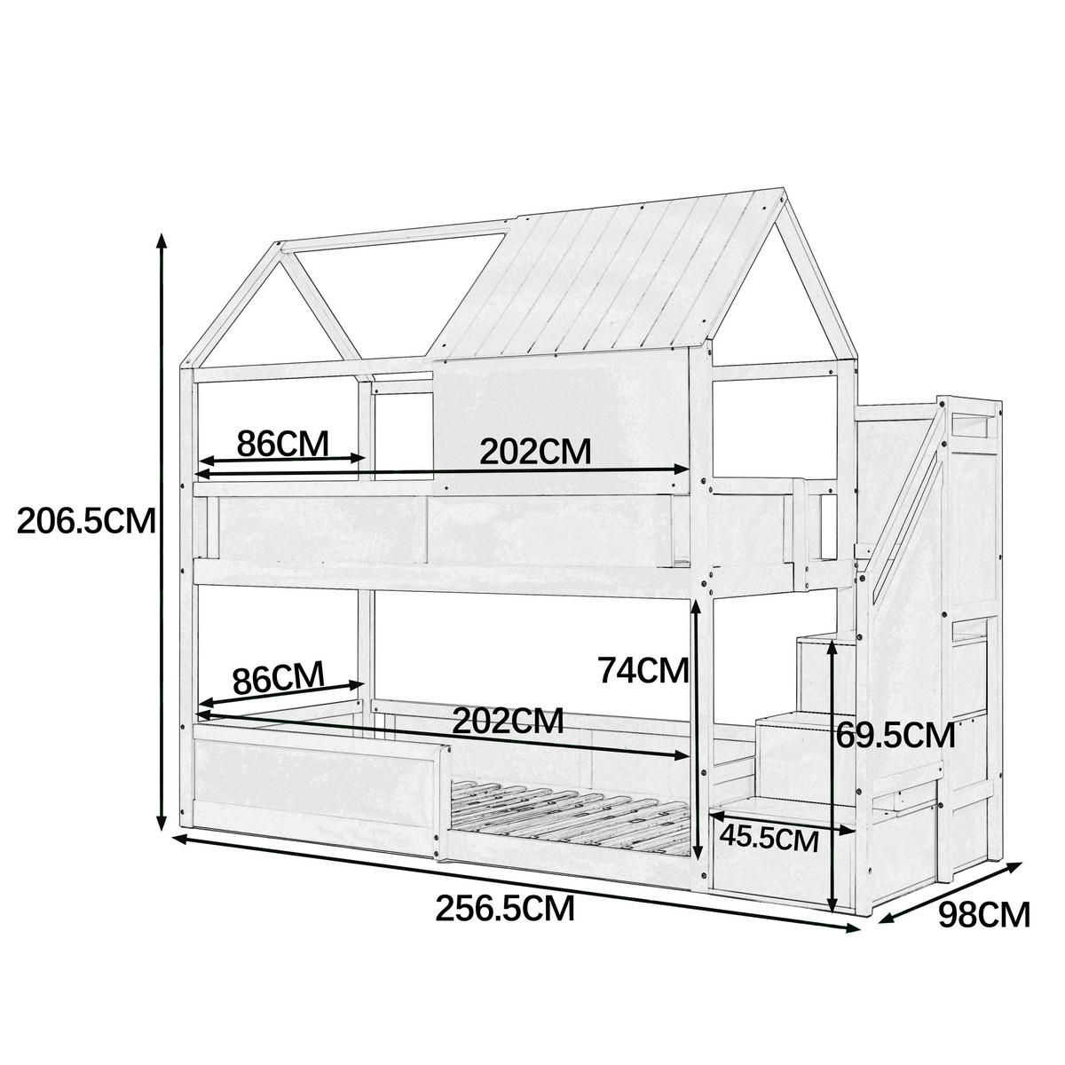 ETAGENBETT 80/200 cm Dachdesign und Stufen, DE-41924, in Weiß - Weiß, Holz (80/200cm) - ComfortXL