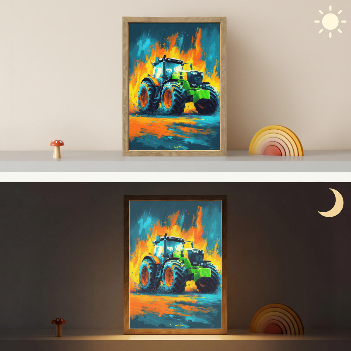 NÁSTĚNNÁ LAMPA S AKUMULÁTOREM Abstrakt - Traktor - Zelený 30x40 cm - tmavě modrá, kompozitní dřevo (30/40/8cm) - OnlyWow