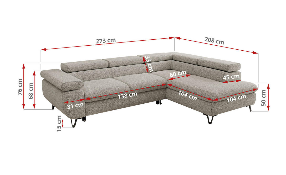ECKSOFA PABLO L Hellgrau Struktur - Rechts Seite mit T25 Topper - Hellgrau/Schwarz, Textil/Metall (273/208cm) - MKS