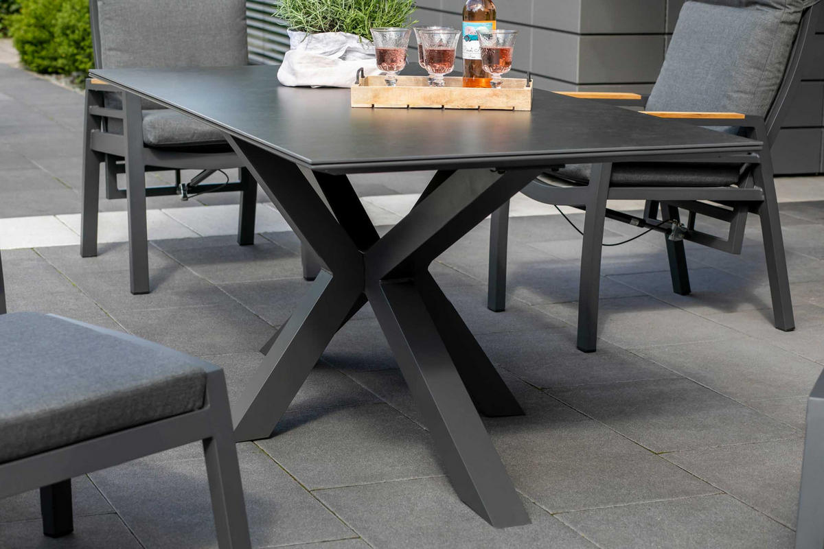 GARTENMÖBELSET Relaxsessel Sevilla mit Tisch Malaga 200 x 90 cm - Grau, Metall - Mr. Deko