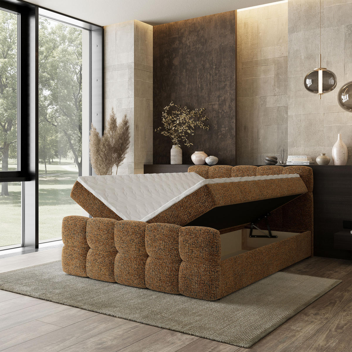 BOXBETT BRUME 140x200 cm mit Matratze und Topper, H2+H3 - Braun - Braun, Holz (140/200cm) - MASSENO