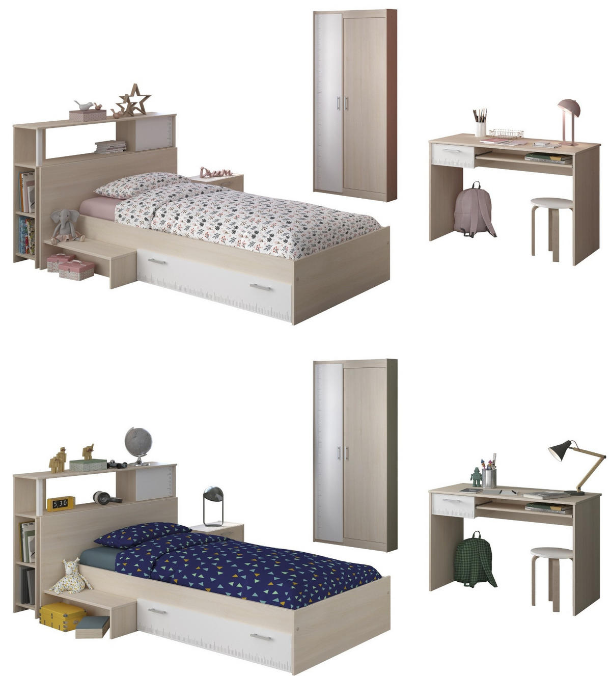 KINDERZIMMER Jugendzimmer Komplett-Set 5-tlg. Kleiderschrank Schreibtisch Bett 90x200 - Silberfarben/Weiß, Holz/Holzwerkstoff (203/180/123cm) - Parisot Meuble