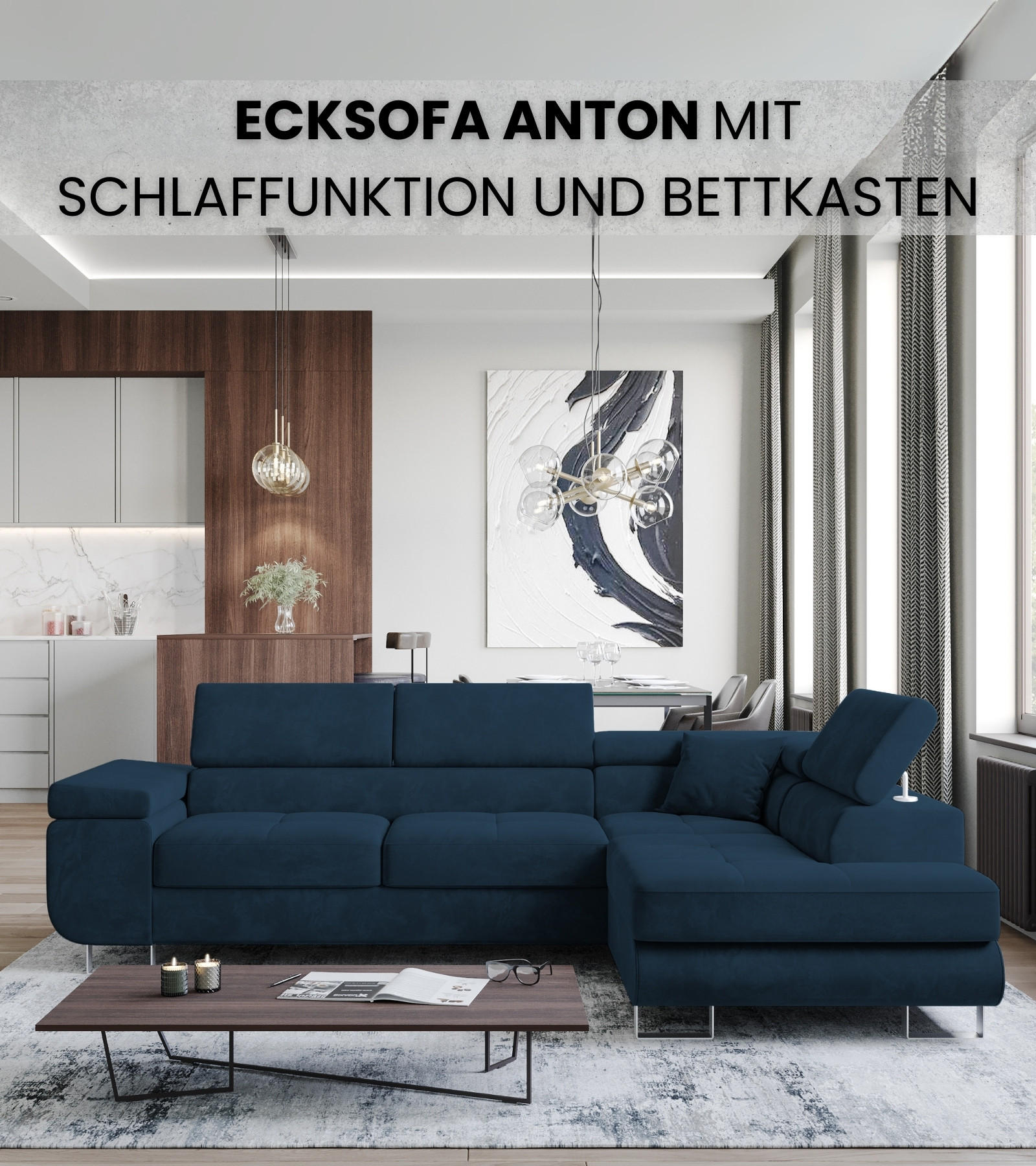 ECKSOFA Anton mit Schlaffunktion Dunkelblau Samt - Blau/Silberfarben, Textil/Metall (142/275cm) - Bromarkt