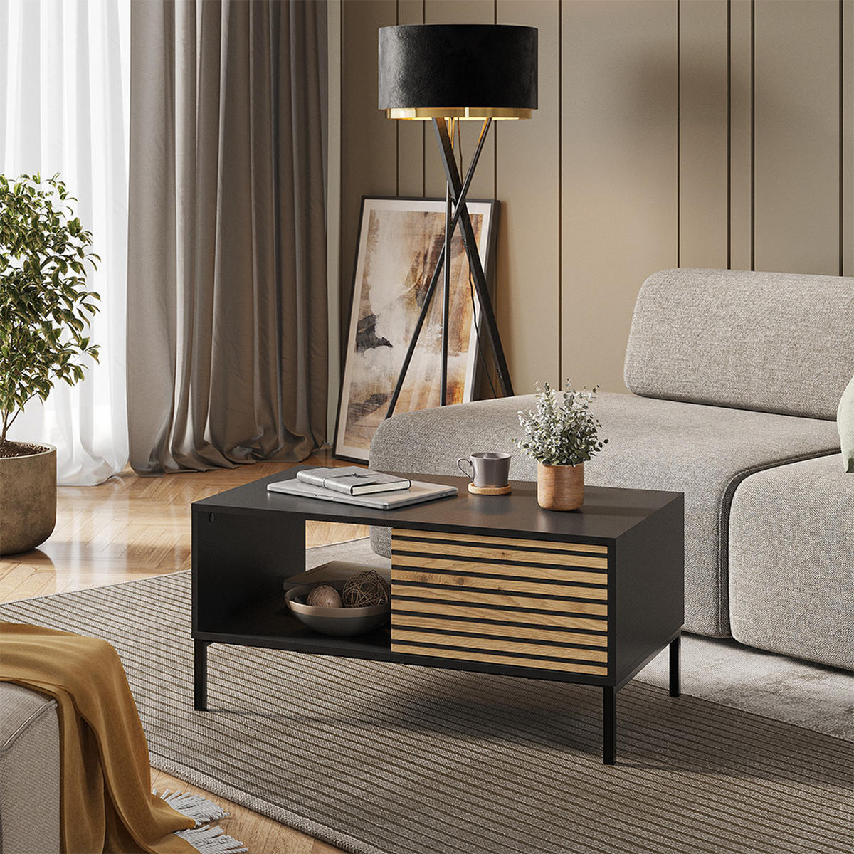 COUCHTISCH Eliza Schwarz/Eiche 90 x 50 cm mit einer Schublade - Anthrazit/Eiche Wotan, Holzwerkstoff (50/90/45cm) - Vicco