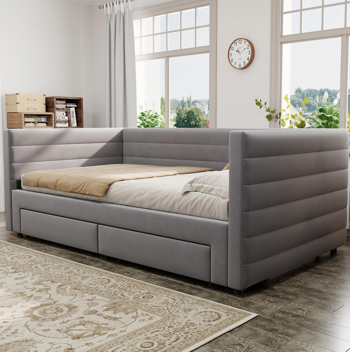 ČALÚNENÁ posteľ 90/190 cm rozkladacia 3 v 1 s 2 zásuvkami a lamelovým roštom, Sivá - sivá, textil (90/190cm) - Redom