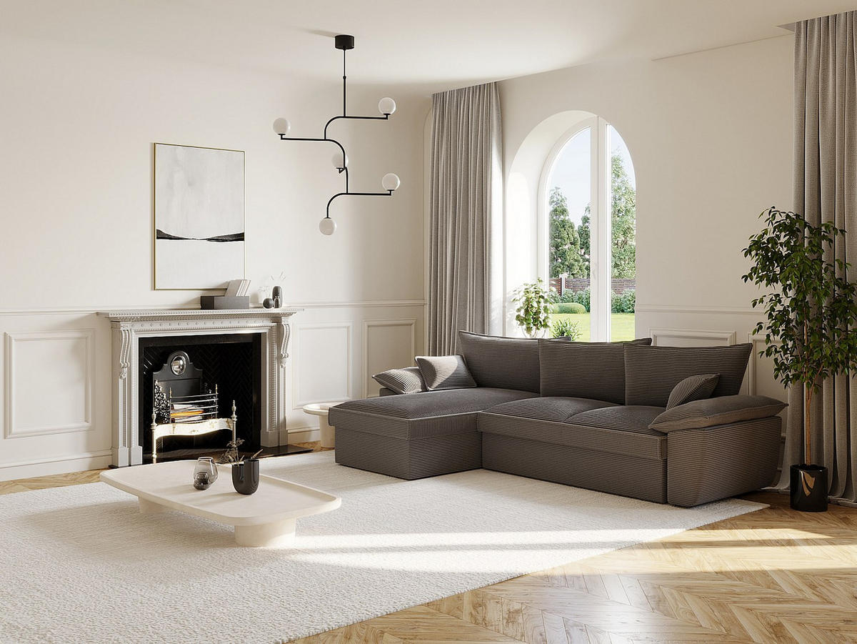 ECKSOFA mit Schlaffunktion + Bettkasten - Ecke links - Cord - Dunkelgrau - GUILLERMO - Grau, Textil (257/168cm) - Vente-Unique