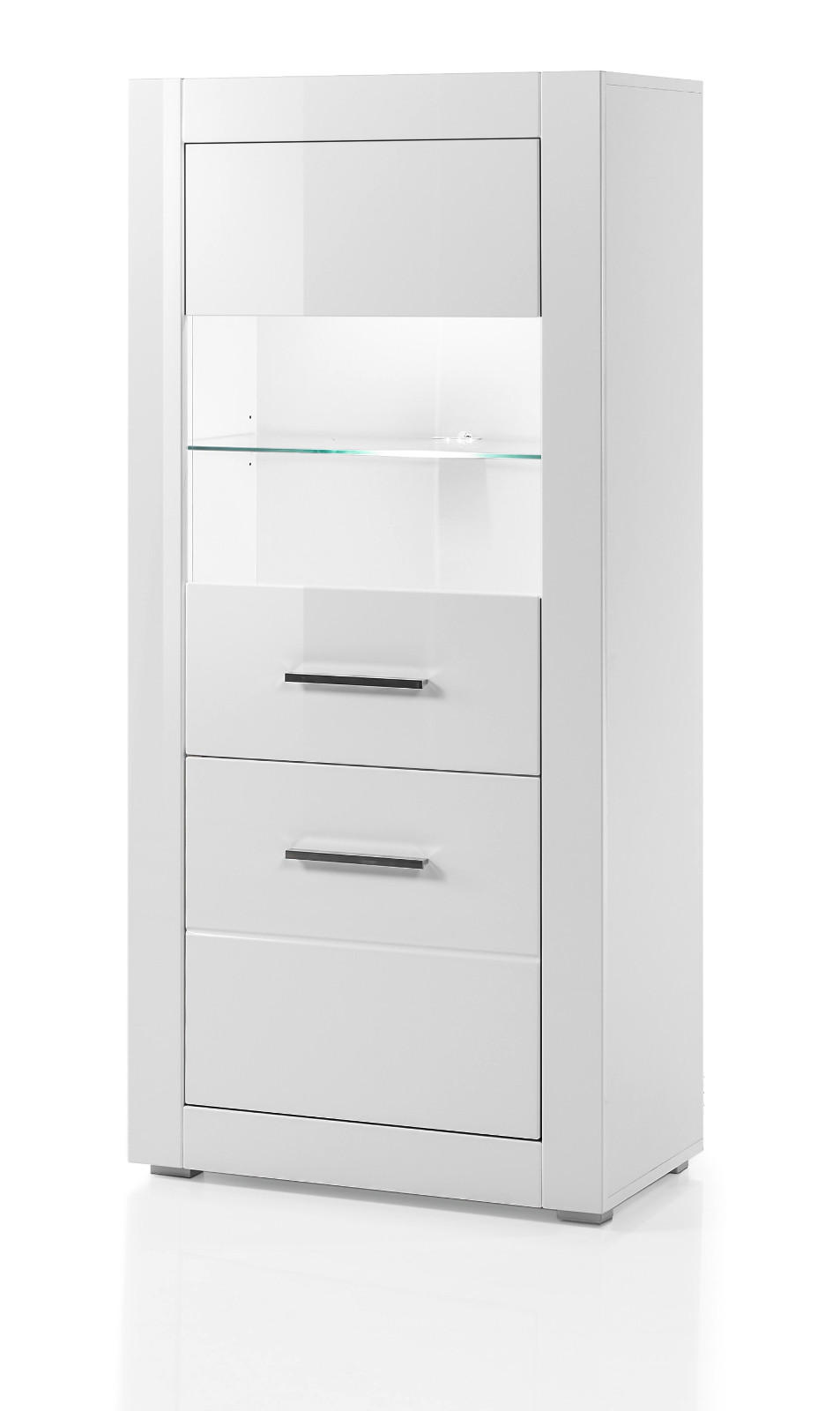 VITRINE weiß Hochglanz 65 cm, Vitrinenschrank wechselbarer Türanschlag - Weiß Hochglanz/Silberfarben, Glas/Holzwerkstoff (65/142/35cm) - Furn.Design