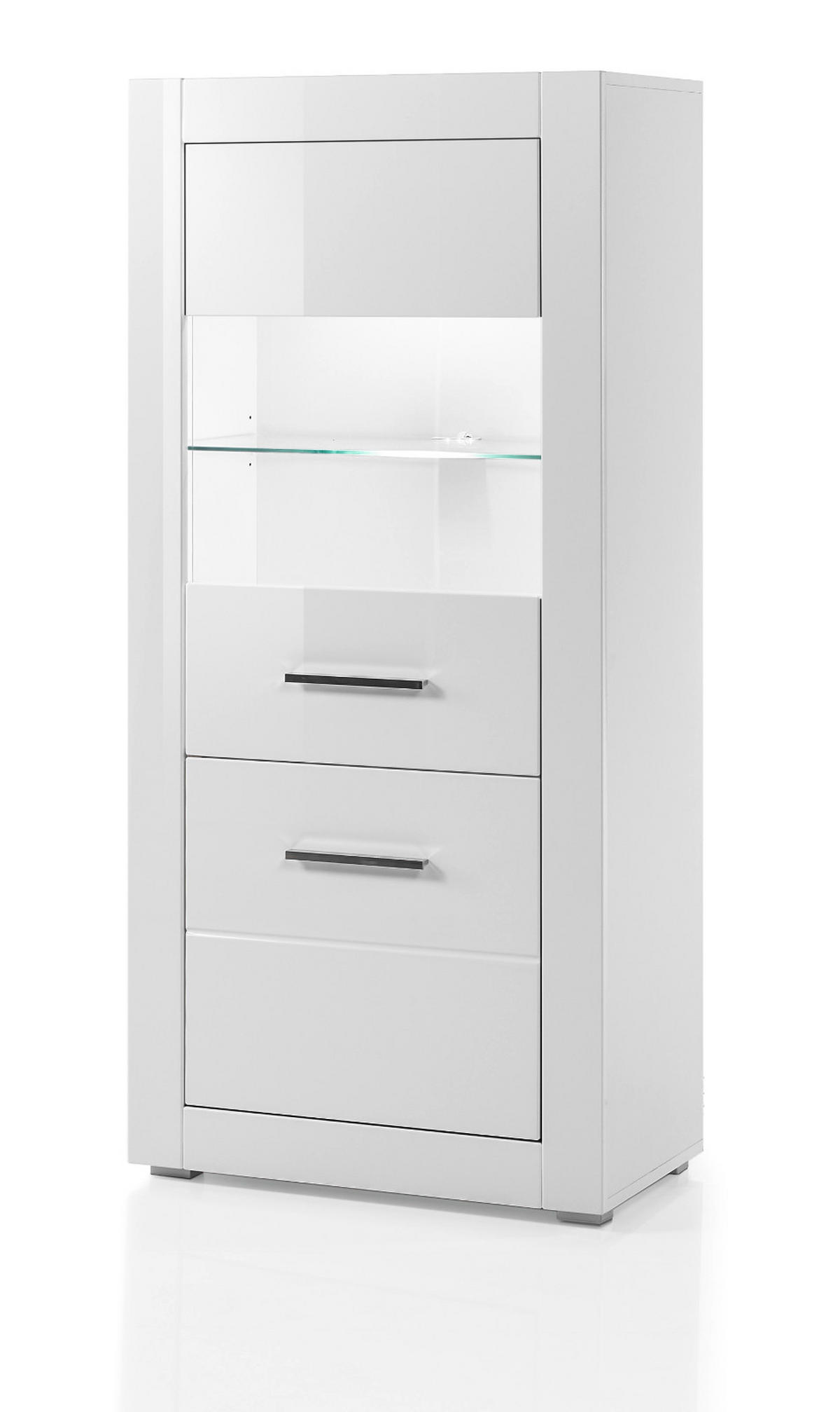 VITRINE weiß Hochglanz 65 cm, Vitrinenschrank wechselbarer Türanschlag - Weiß Hochglanz/Silberfarben, Glas/Holzwerkstoff (65/142/35cm) - Furn.Design