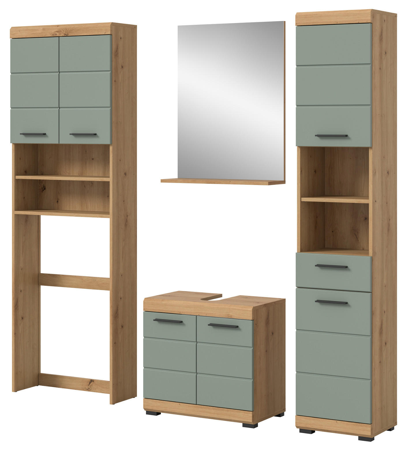 BADMÖBEL-SET Salbei grün, Eiche Artisan 4-teilig 190 cm, Komplettset mit viel Stauraum - Salbeigrün/Schwarz, Glas/Holzwerkstoff (190/191/34cm) - Inn.Furn