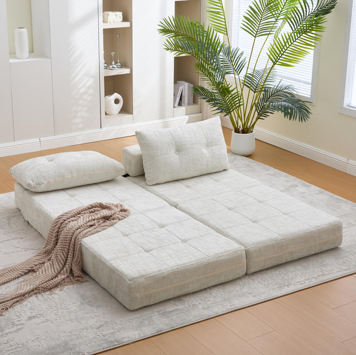 SCHLAFSOFA 79/79/57 cm in Beige – faltbar mit Kissen und Chenillebezug - Beige, Textil (79/57/79cm) - BEAOK