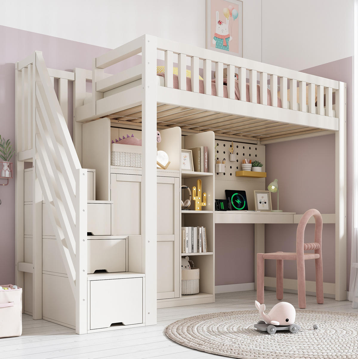 HOCHBETT 90/200 cm Weiß mit Schreibtisch, Kleiderschrank und USB-/Type-C-Anschlüssen - Weiß, Holzwerkstoff (90/200cm) - Flora Grace