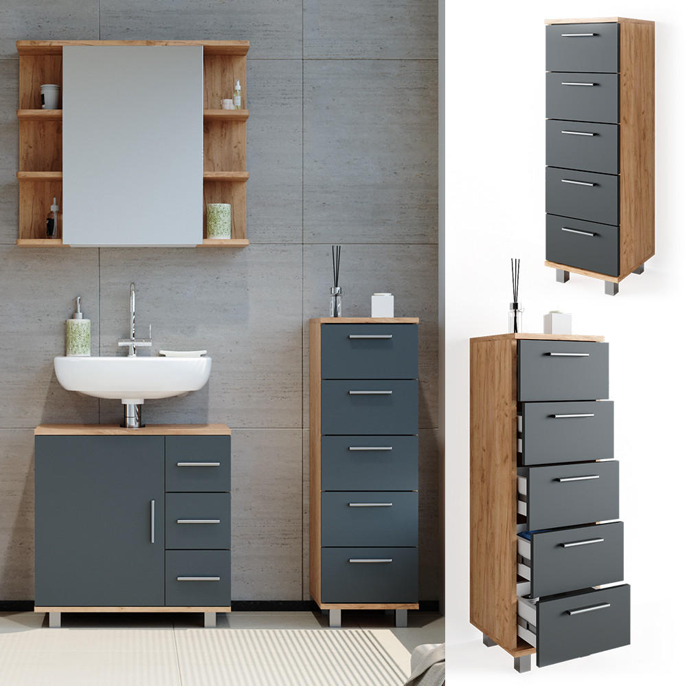 BADSCHRANK Ilias Goldkraft Eiche 30 x 95 cm - Eiche Wotan, Holzwerkstoff (30/95/30cm) - Vicco
