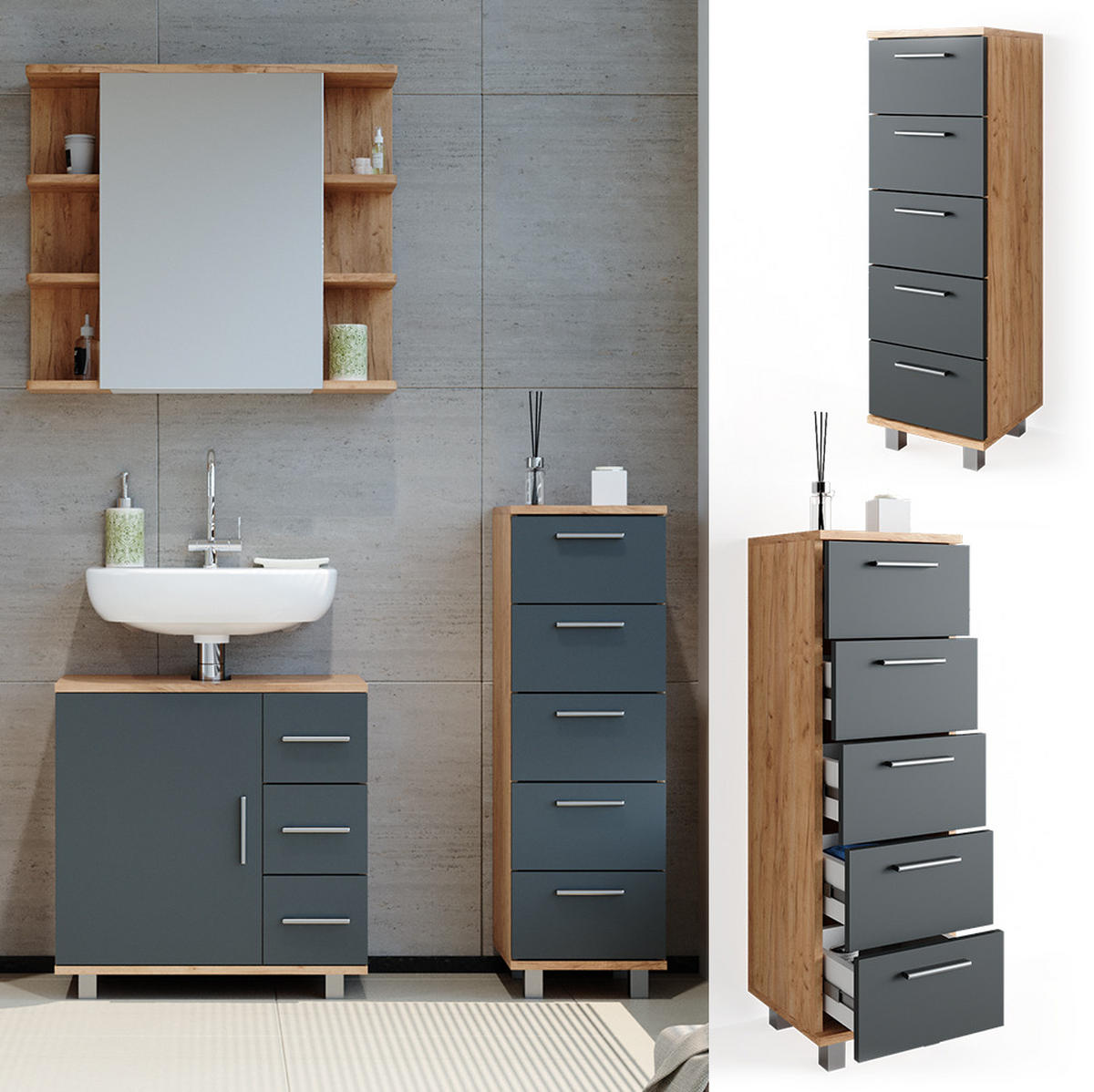 BADSCHRANK Ilias Goldkraft Eiche 30 x 95 cm - Eiche Wotan, Holzwerkstoff (30/95/30cm) - Vicco