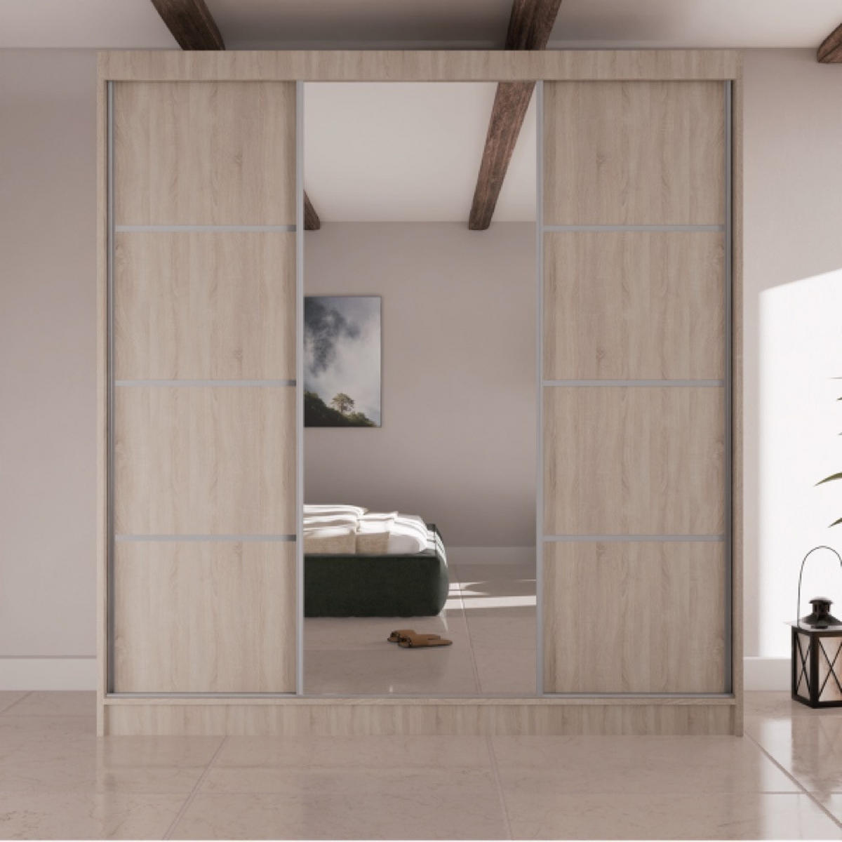 SCHIEBETÜR-SCHRANK Sonoma Eiche V200 Mit Spiegel Und Silbernen Sprossen - Braun, Holzwerkstoff (200/215/61cm) - Sepro Meble