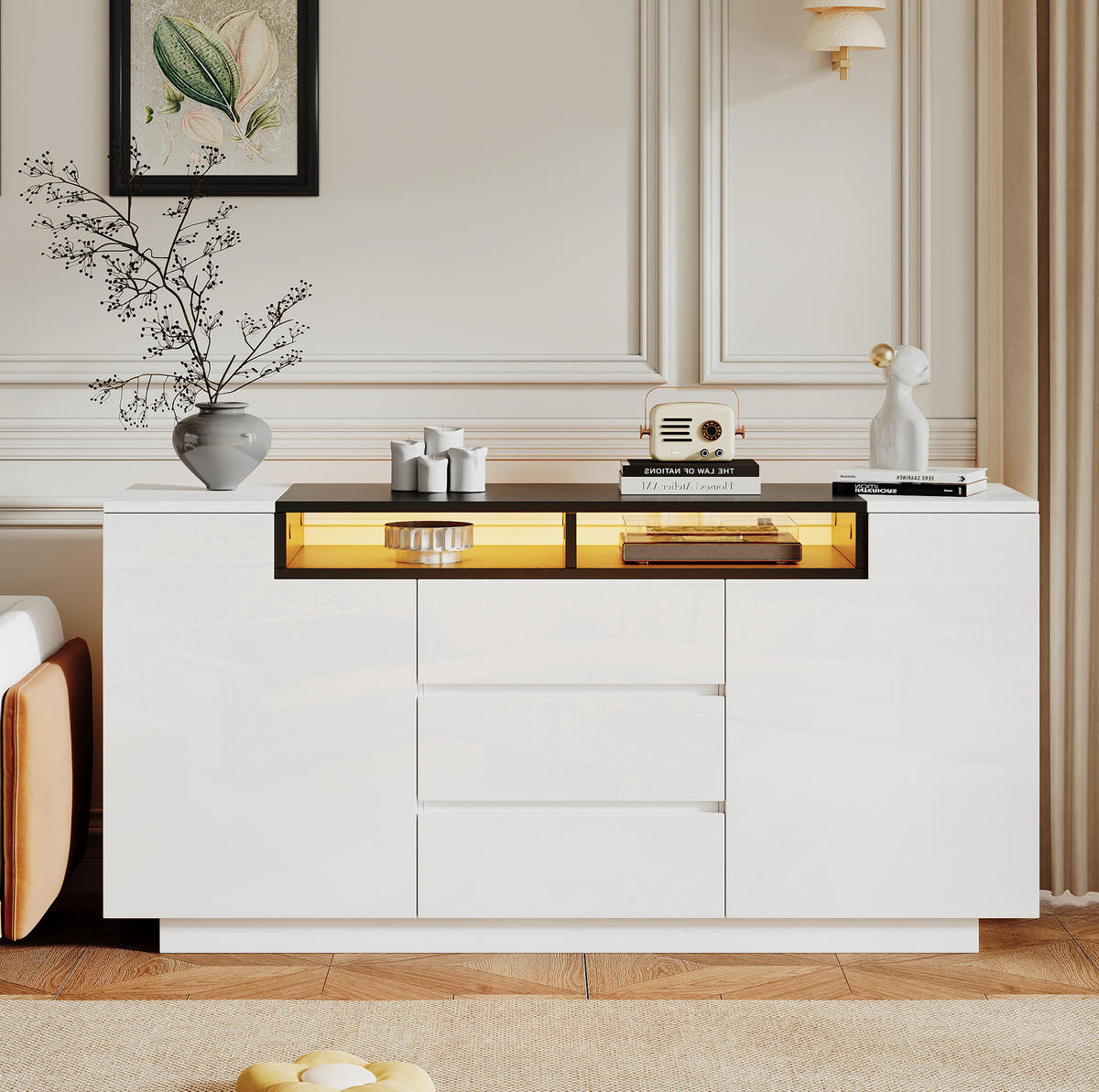 SIDEBOARD 140/40/68 cm Weiß/Schwarz mit 2 Türen und 3 Schubladen - Weiß, Holzwerkstoff (140/68/40cm) - OKWISH