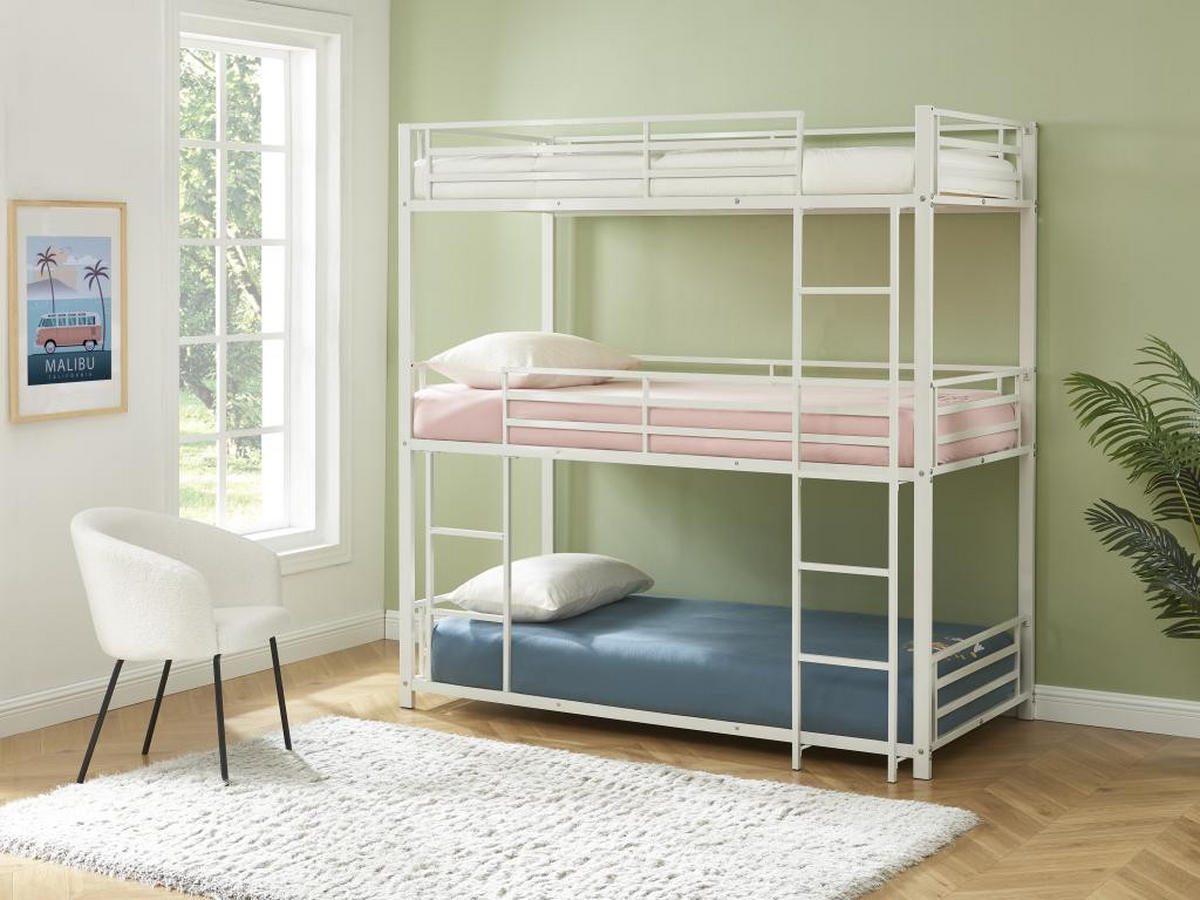 ETAGENBETT - 3 Personen - 3 x 90 x 190 cm - Metall - Weiß + Matratze - ELOUAN III - Weiß, Metall - Vente-Unique