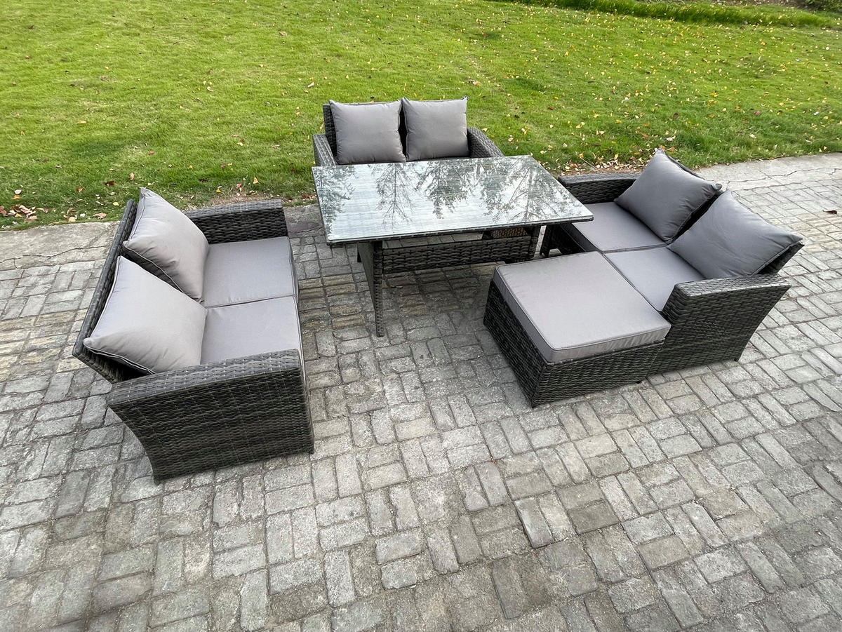 GARTENMÖBELSET mit Zweisitzer,Esstisch,Hocker Polyrattan Dunkelgrau 7-Sitzer - Dunkelgrau/Grau, Glas/Kunststoff - Fimous