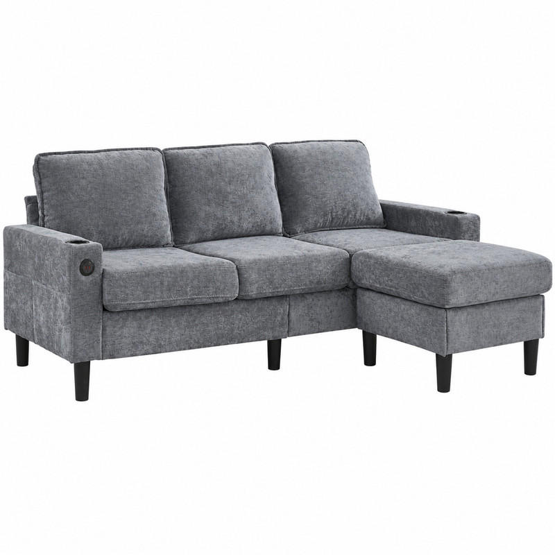 SOFA L-Form mit USB, Typ-C und Hocker 202 x 137 cm Leinen Grau - Grau, Kunststoff (137/202cm) - Meubliv