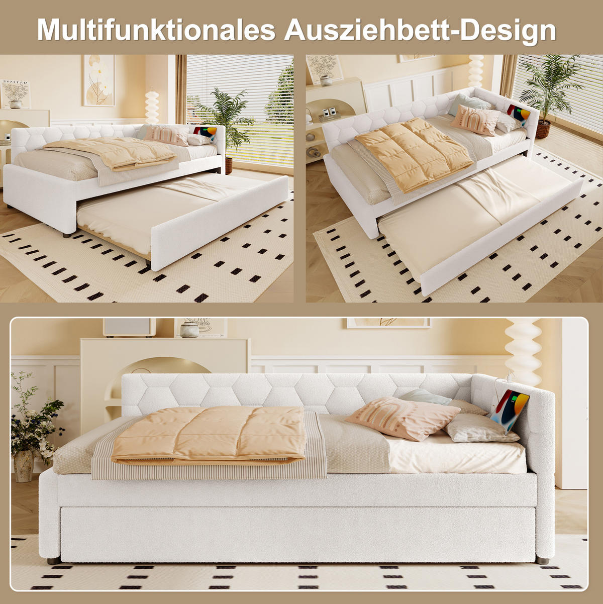 POLSTERBETT 90/200 cm in Weiß mit Bouclé, Nachttischlampe und USB- und Type-C-Anschlüssen - Weiß, Textil (90/200cm) - Flora Grace