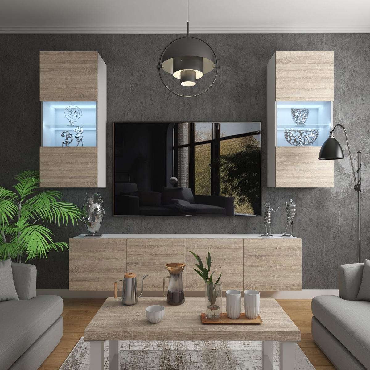 WOHNWAND Milano 7, Sonoma Eiche Matt, 200 cm, Grifflos - Sonoma Eiche, Holz (200/115/36cm) - B BELINI GROUP