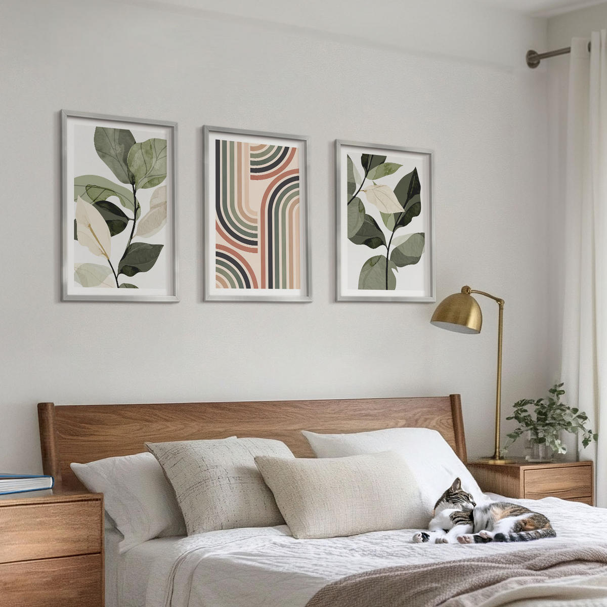 WANDBILDER 3er Set - 40x60 cm Silberner Rahmen - Geometrische Pflanzenmotive - Silberfarben, Kunststoff (40/60cm) - ArtPrintCave