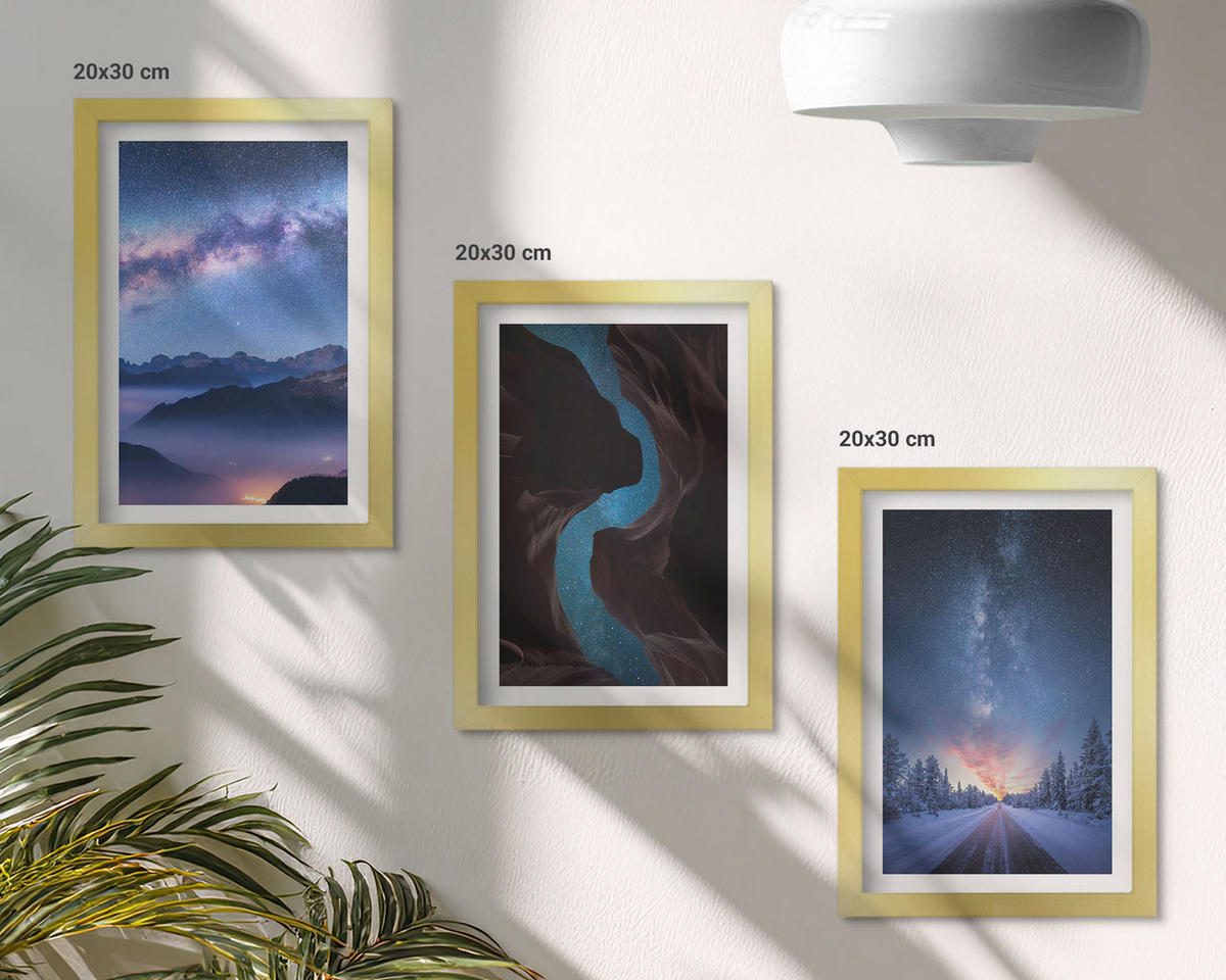 WANDBILDER 3er Set - 20x30 cm Goldrahmen - Nachthimmel, Berge, Winterlandschaft - Goldfarben, Kunststoff (20/30cm) - ArtPrintCave
