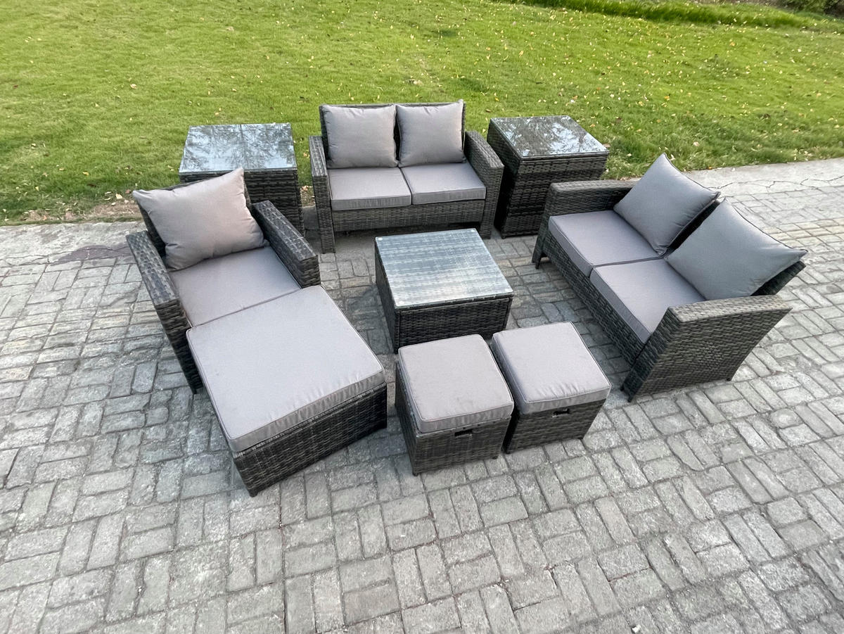 GARTENMÖBEL-SET COUCHTISCH MIT STUHL 2 BEISTELLTISCHE 3 HOCKER Polyrattan Dunkelgrau Gemischt 8-Sitzer - Dunkelgrau, Metall - Fimous