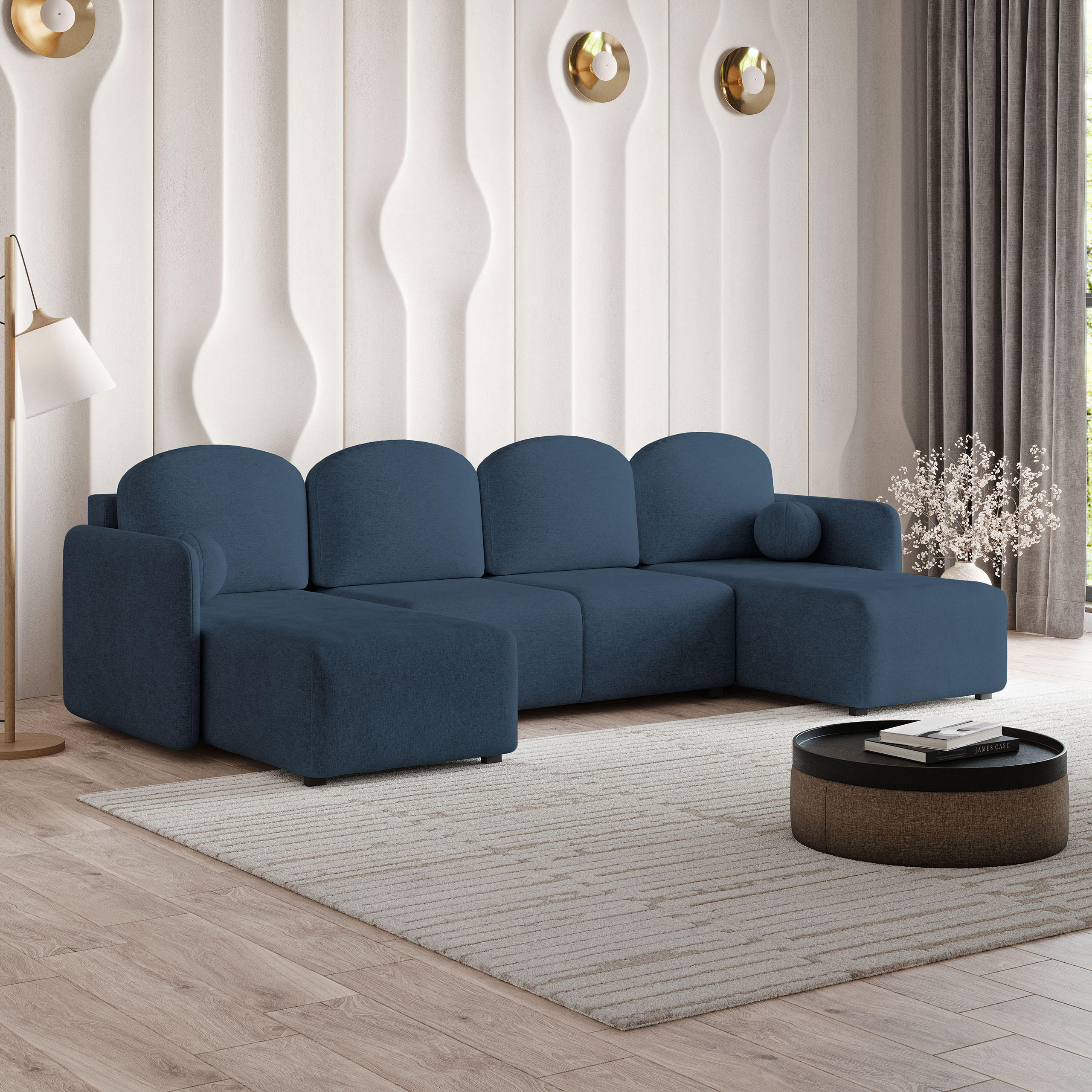 WOHNLANDSCHAFT NUBERO Blau Geflochtener Stoff mit Schlaffunktion - Blau, Holz (285/85/143cm) - MASSENO