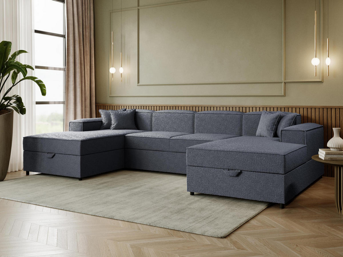 WOHNLANDSCHAFT Santos U Boucle - Dunkelgrau/Schwarz, Holzwerkstoff/Kunststoff (320/79/166cm) - MIRJAN24